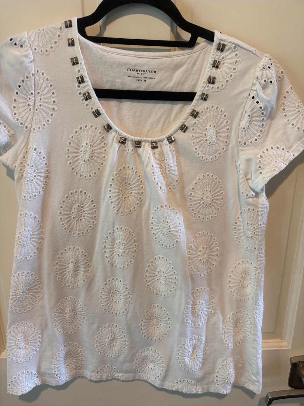 Charter Club White Short-Sleeve Eyelet Scoop Neck Tee with Stud Trim